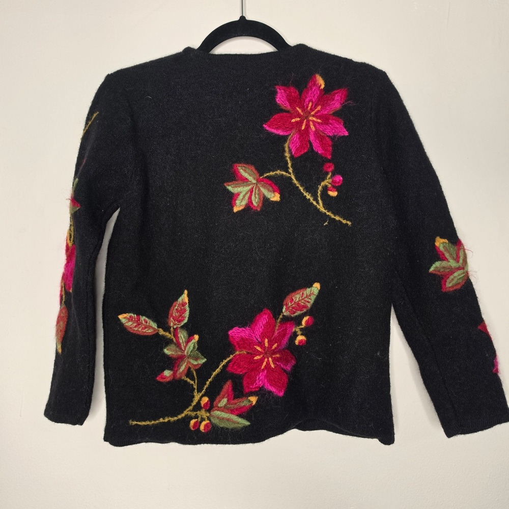 Susan Bristol Cardigan Women L Black Floral Hand Embroidered Boiled Wool Sweater - Picture 2 of 6